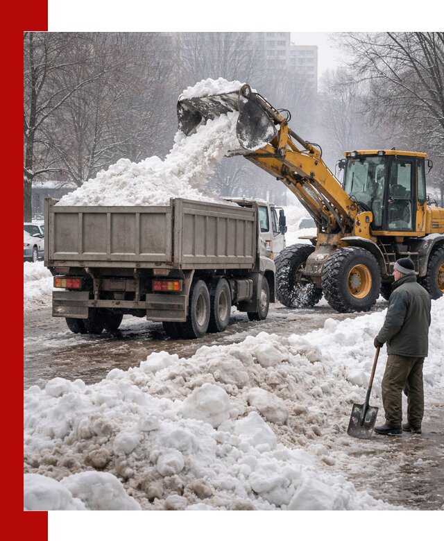 Вывоз снега грузовой техникой в Сафонове оперативно и чисто